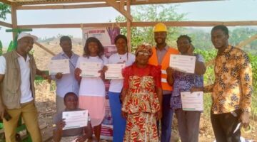 A cross section of the interlocking bricks production trainees during training, their final product and final day with certificates issued